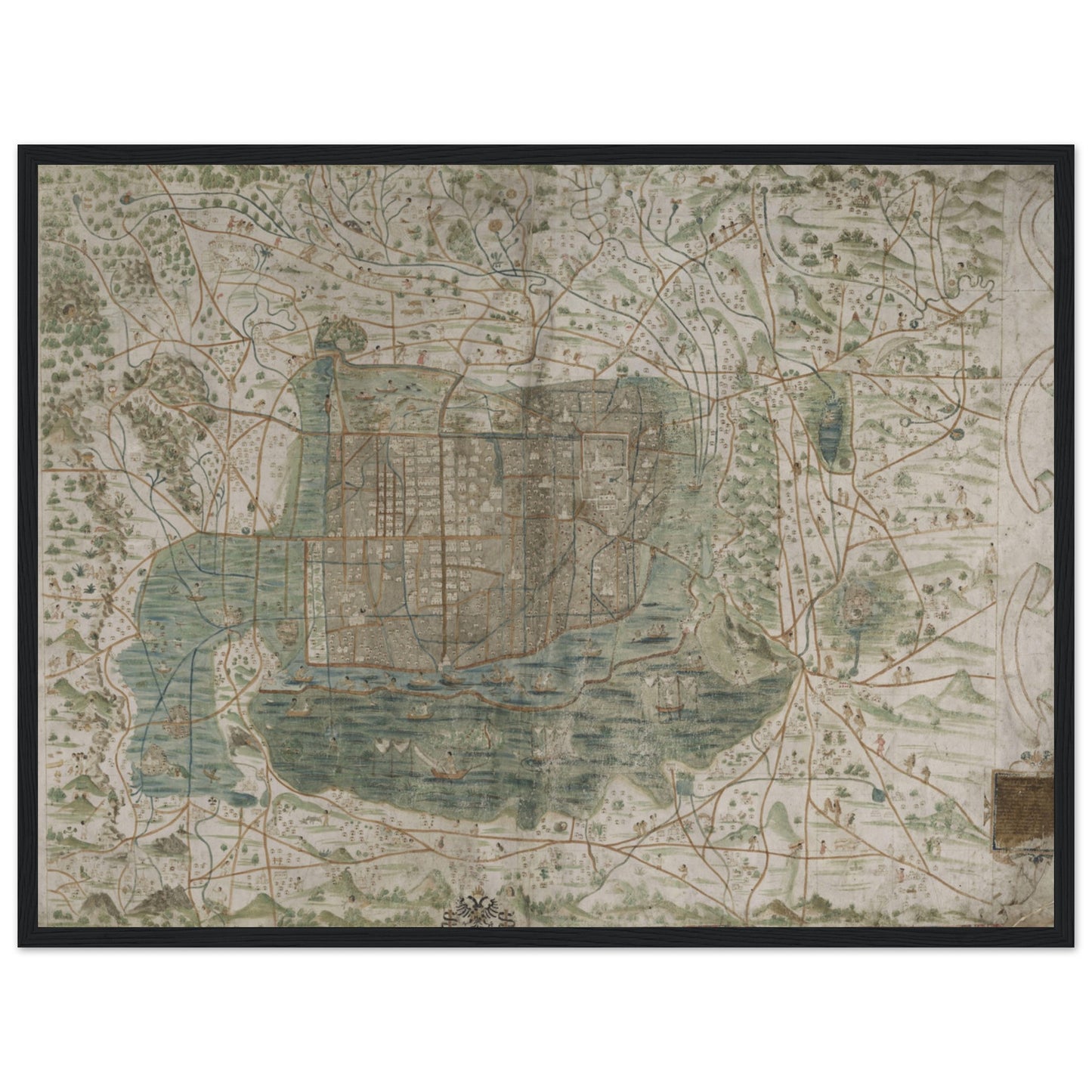 Vintage Mexico City map featuring Aztec-inspired details and historical design, ideal decor for travelers and history lovers.