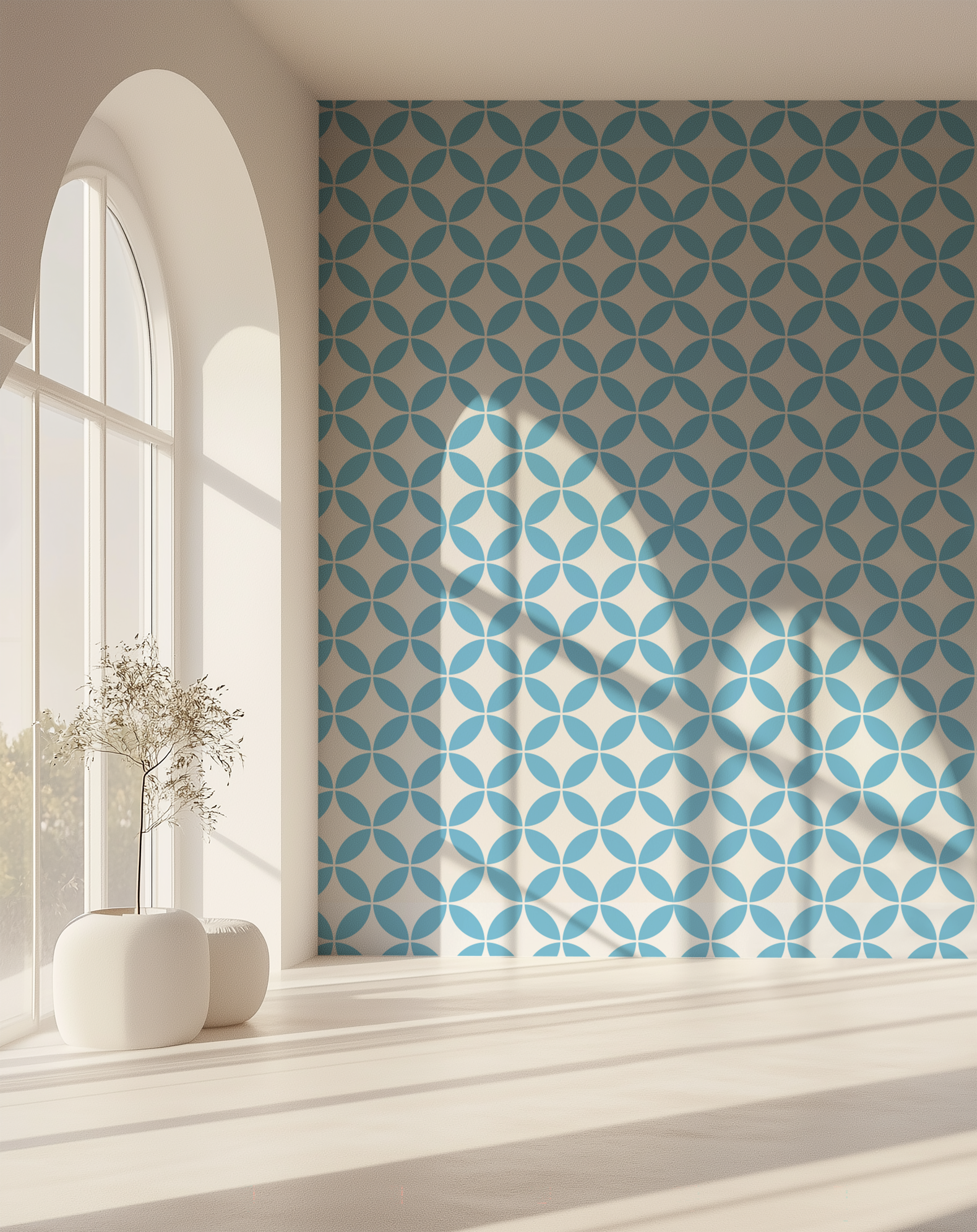 Light blue geometric wallpaper with a retro circle pattern in a bright architectural interior
