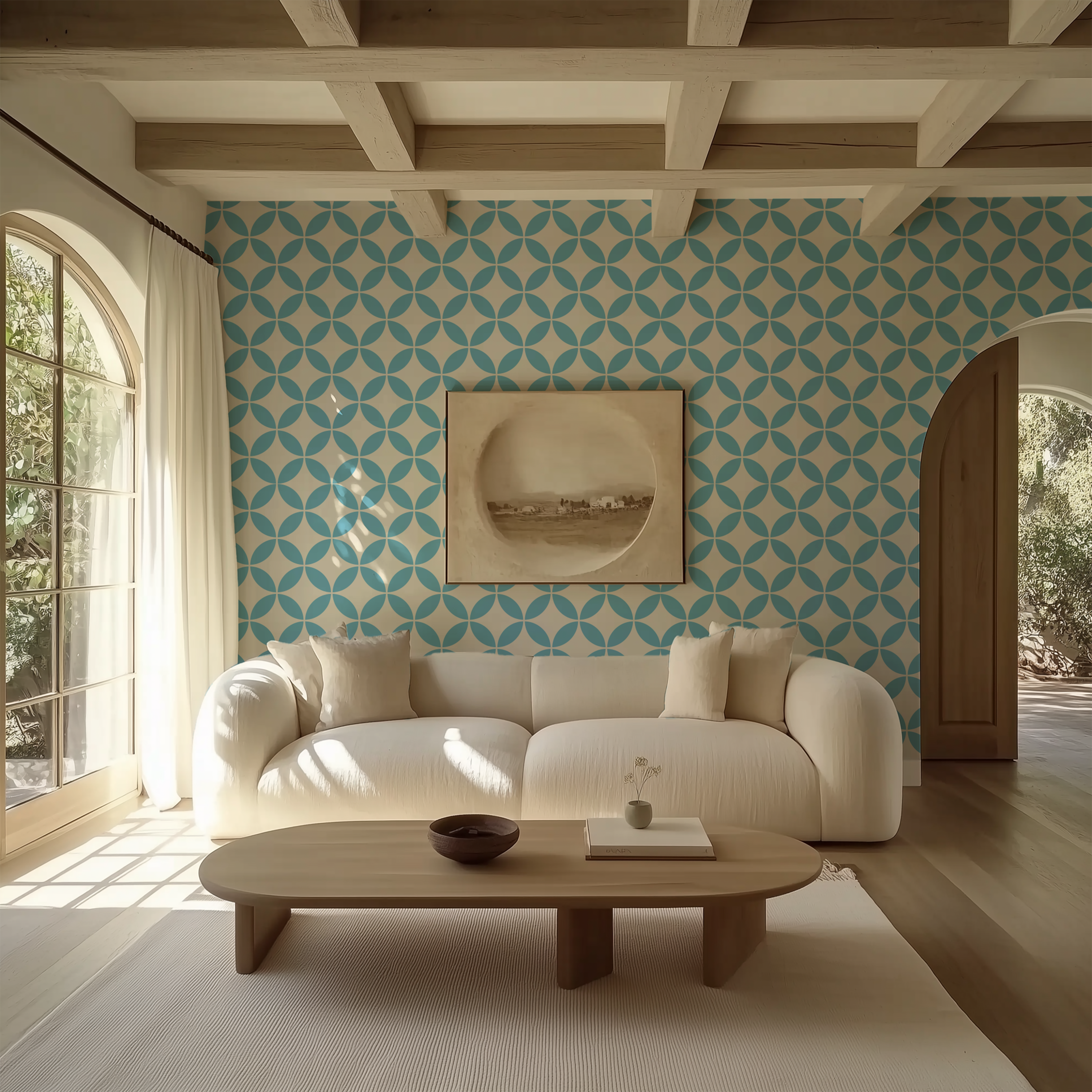 Light blue mid-century geometric wallpaper styled in a warm modern living room