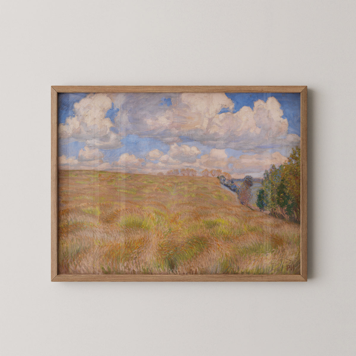 Natural wood-framed Peter Hansen print of Bølgende rug, a landscape of waving rye