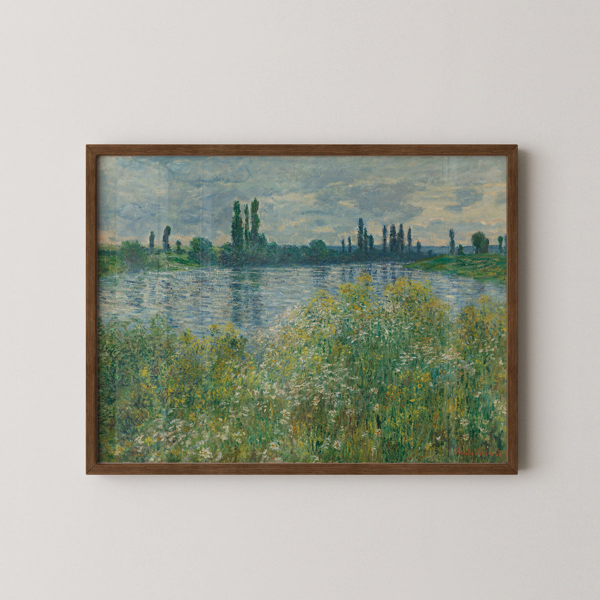 Banks of the Seine, Vétheuil by Claude Monet art print in a dark wood frame, with Seine riverbank and wildflowers