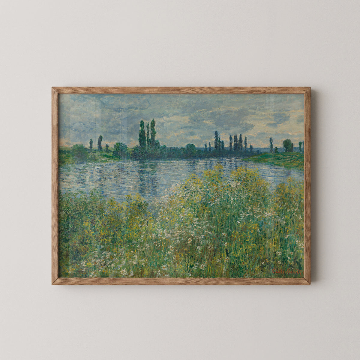 Natural wood-framed Banks of the Seine, Vétheuil by Claude Monet art print, showing Seine riverbank and wildflowers