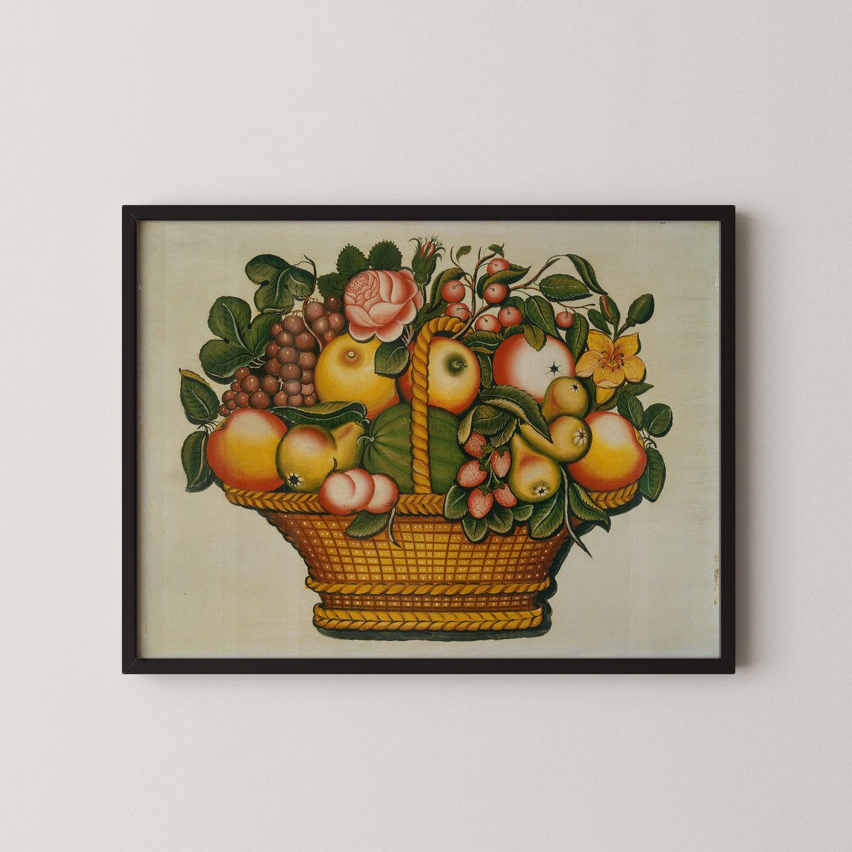 Basket of Fruit with Flowers by American 19th Century, art print in a black frame