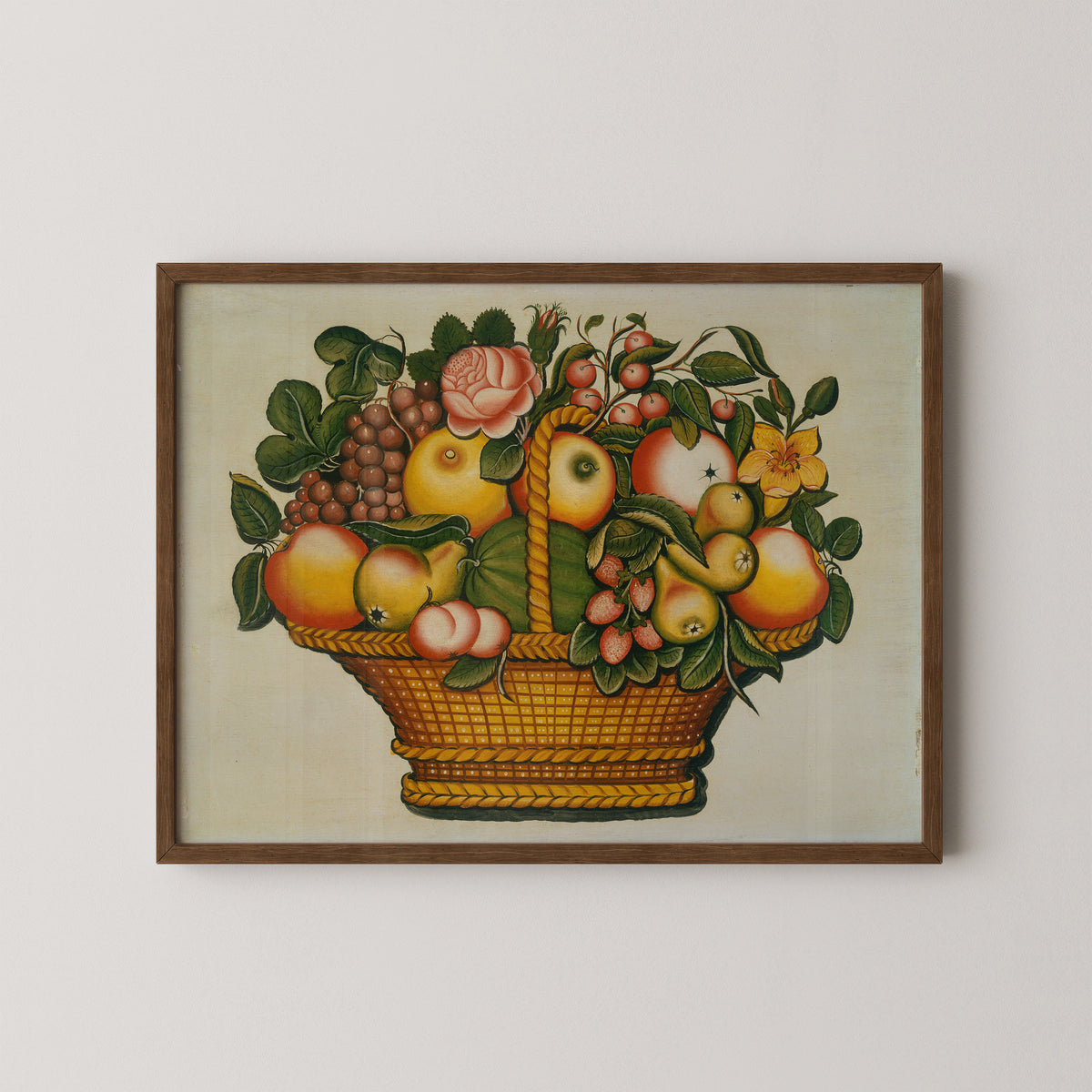 Basket of Fruit with Flowers by American 19th Century, art print in a dark wood frame