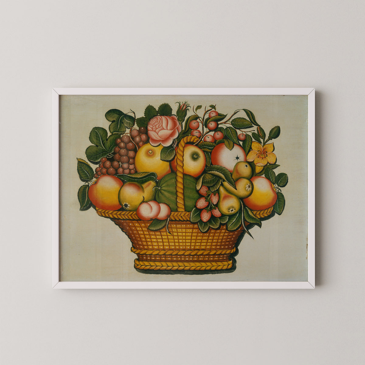 Basket of Fruit with Flowers by American 19th Century, art print in a white frame