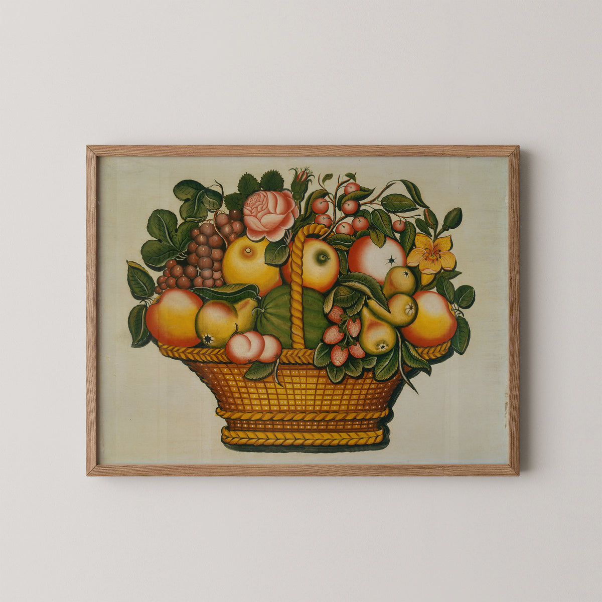 Basket of Fruit with Flowers by American 19th Century, art print in a natural wood frame