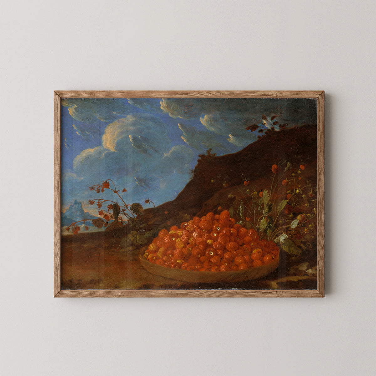 Basket of Wild Strawberries in a Landscape by Luis Egidio Meléndez, art print in a natural wood frame