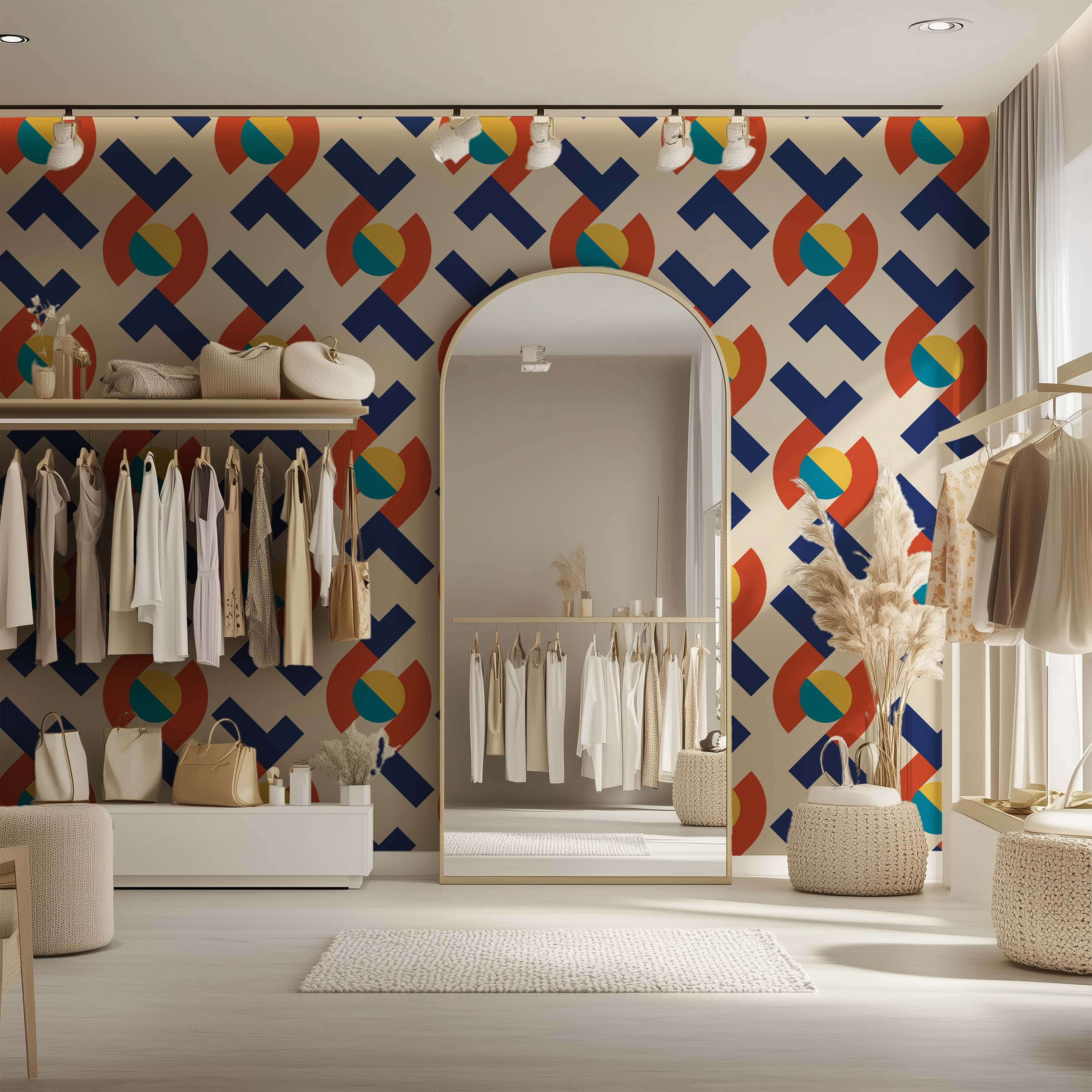 Bauhaus geometric wallpaper, abstract geometric pattern, modernist wallpaper, Bauhaus interior design, luxury wallpaper, peel and stick wallpaper