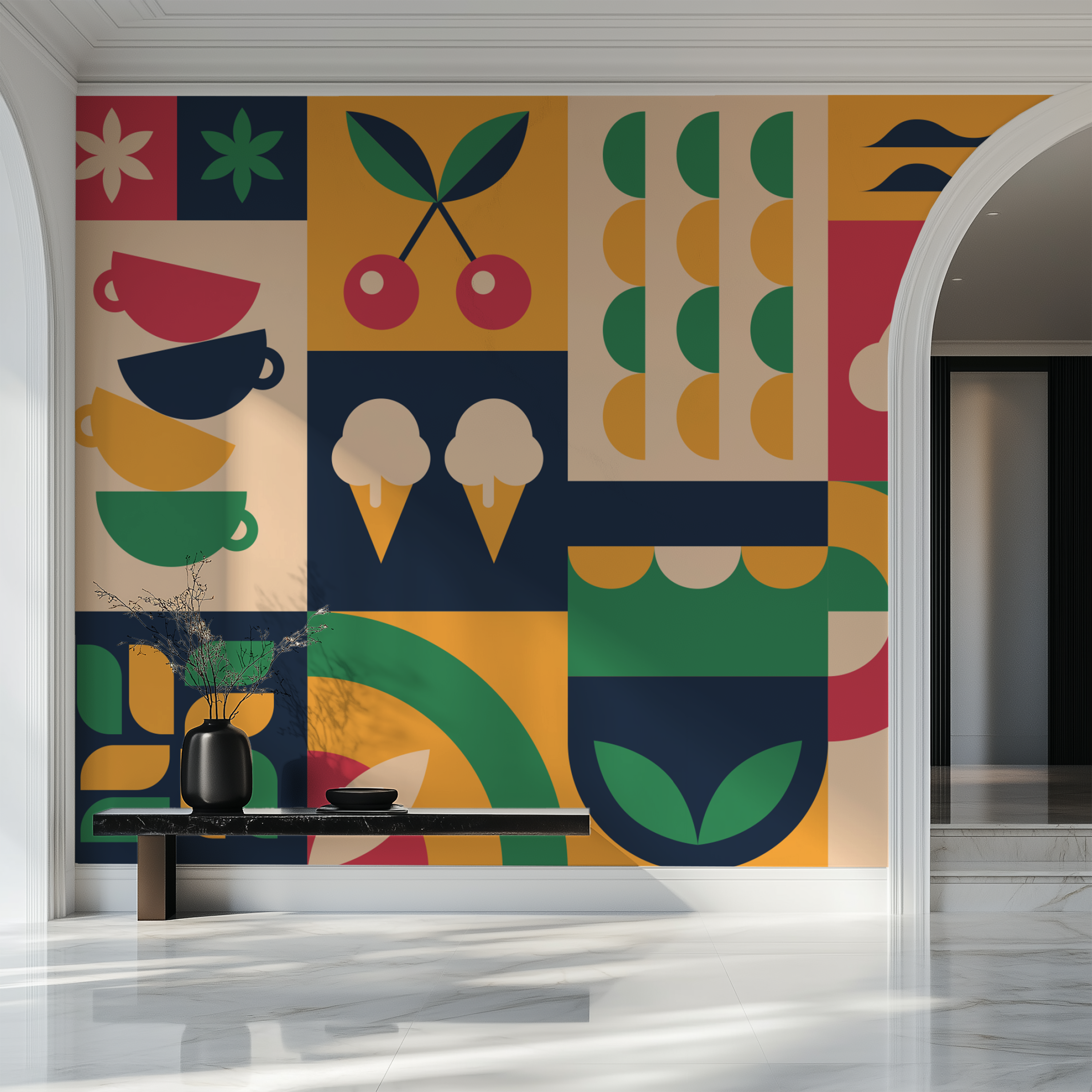 Bauhaus wall mural, geometric kitchen wallpaper, retro wall covering, modern graphic wallpaper, luxury wallpaper, premium wallpaper