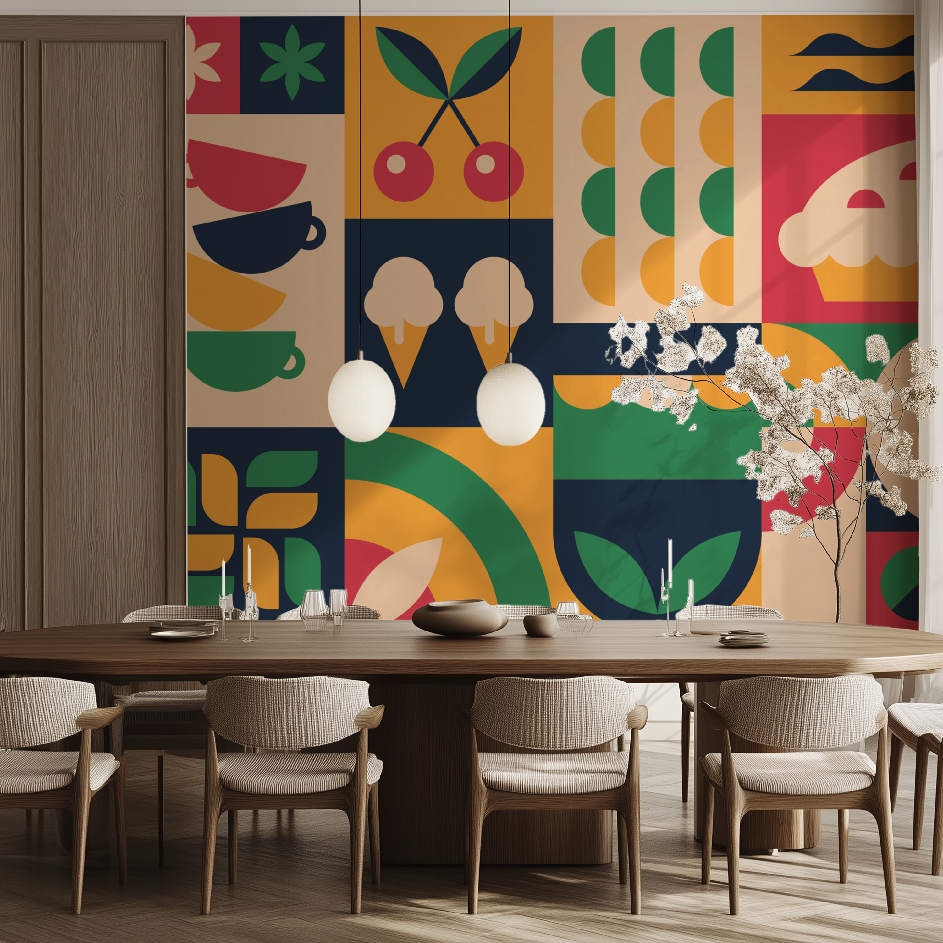 Bauhaus geometric wallpaper, retro geometric wallpaper, mid century modern wallpaper, abstract wallpaper, peel and stick wallpaper, non woven wallpaper