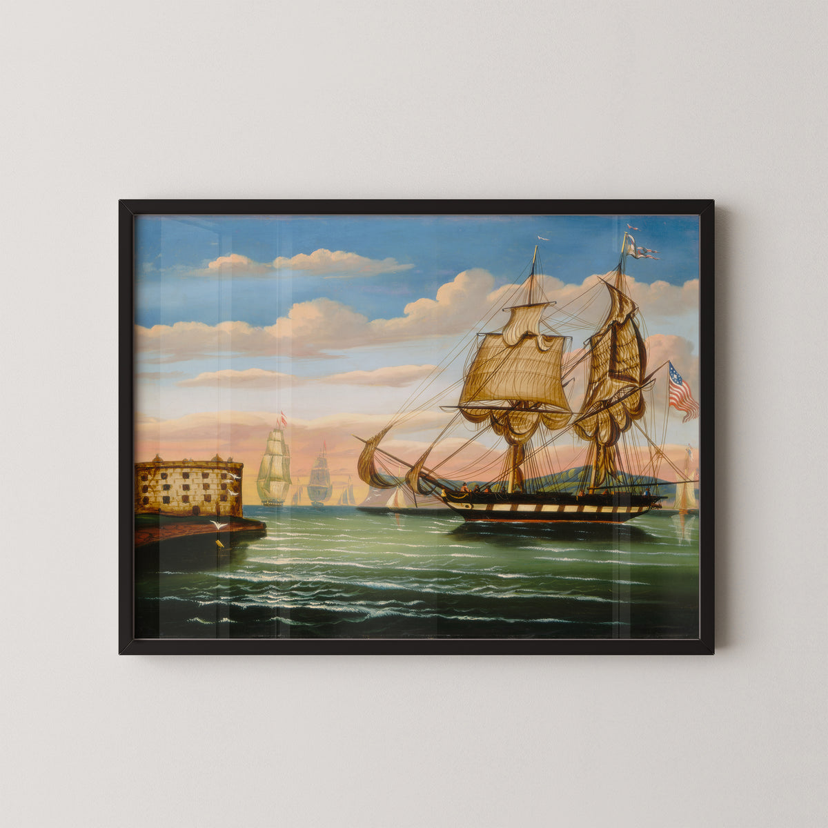 Bay of New York, Sunset by Thomas Chambers, sailing ship art print displayed in a black frame