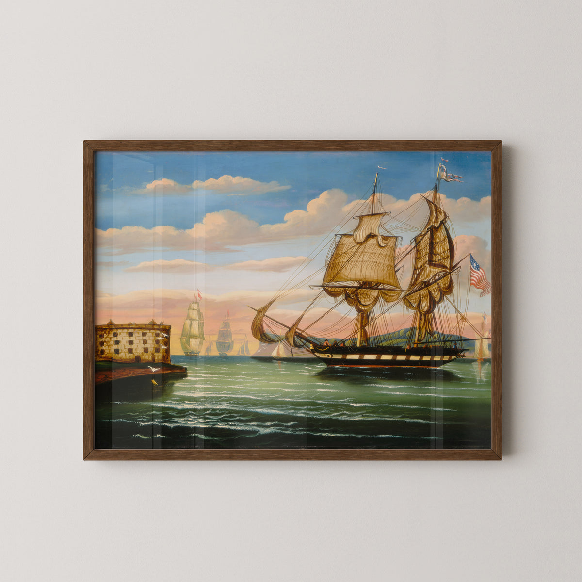 Dark wood-framed Bay of New York, Sunset with sailing vessels crossing patterned green water