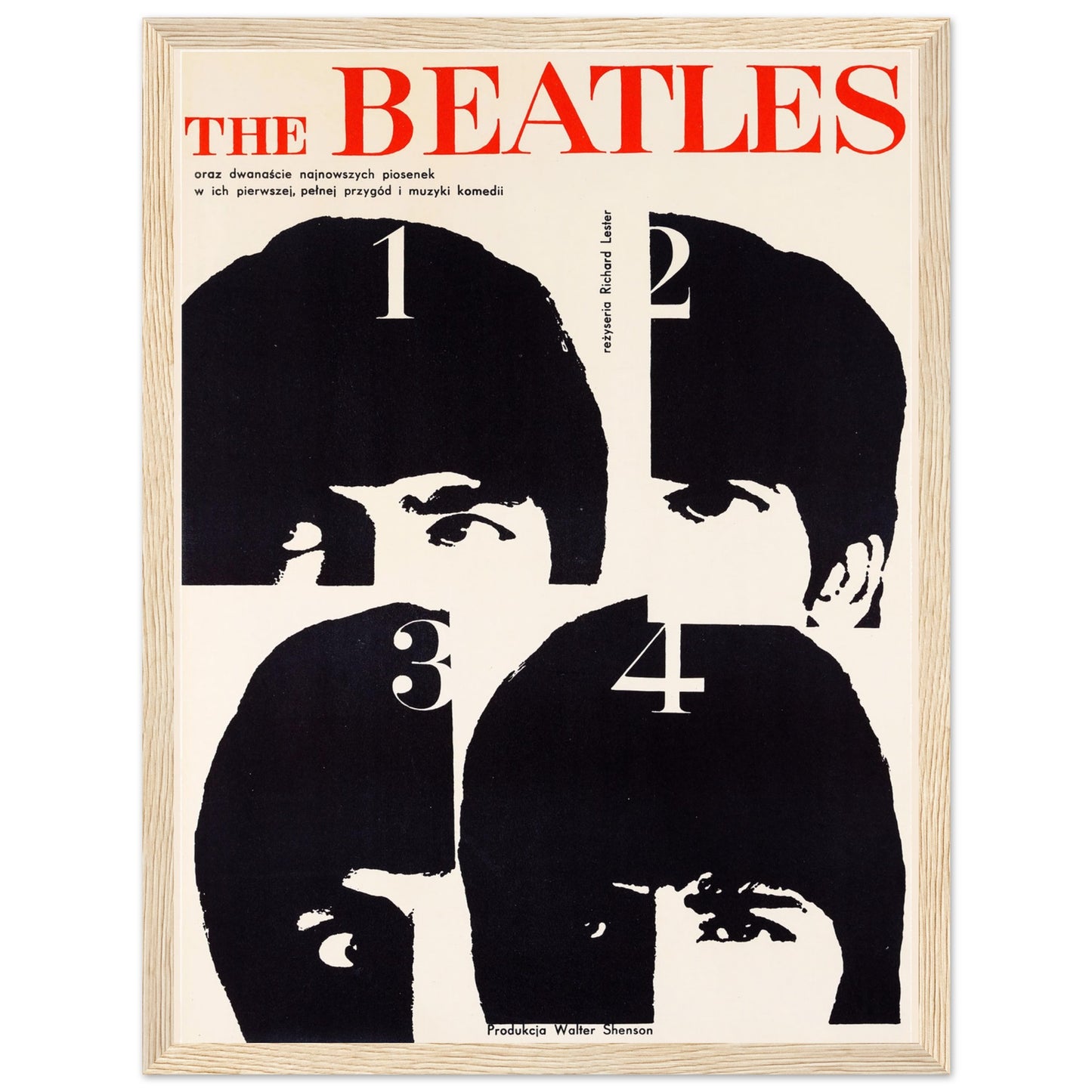 Stylish minimalist Beatles poster inspired by 1960s design, showcasing the Fab Four in bold monochrome layout. Ideal wall art for music lovers, collectors, and mid-century modern interiors.