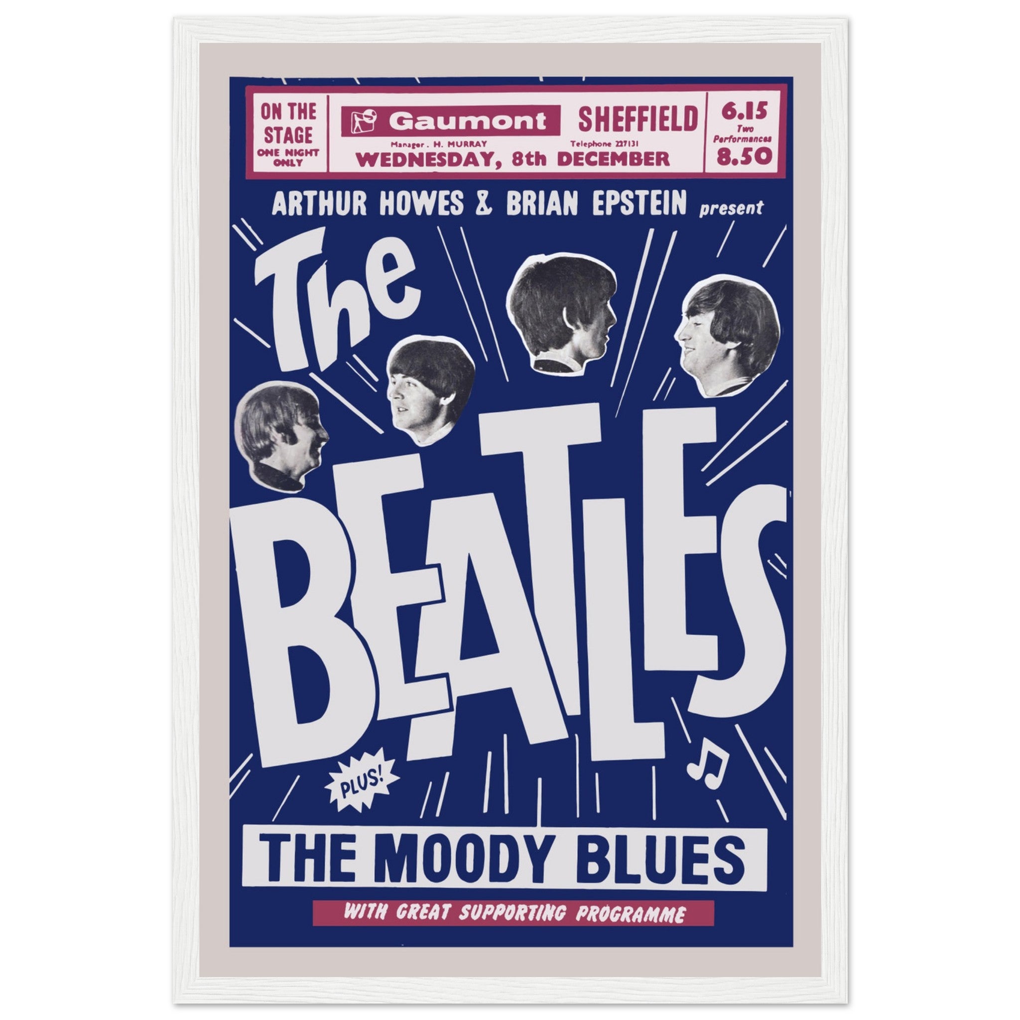 Authentic-style Beatles Gaumont Sheffield concert poster — bold blue and white design showcasing the Fab Four in performance.