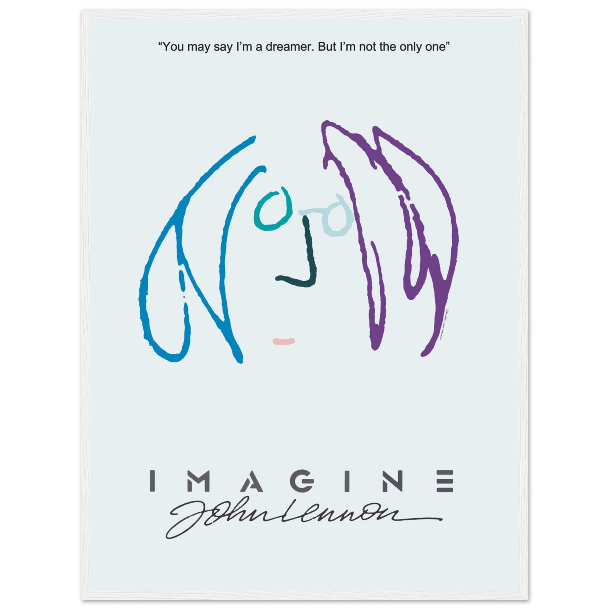 The Beatles’ John Lennon art poster featuring colorful minimalist illustration and Imagine typography — classic music memorabilia.