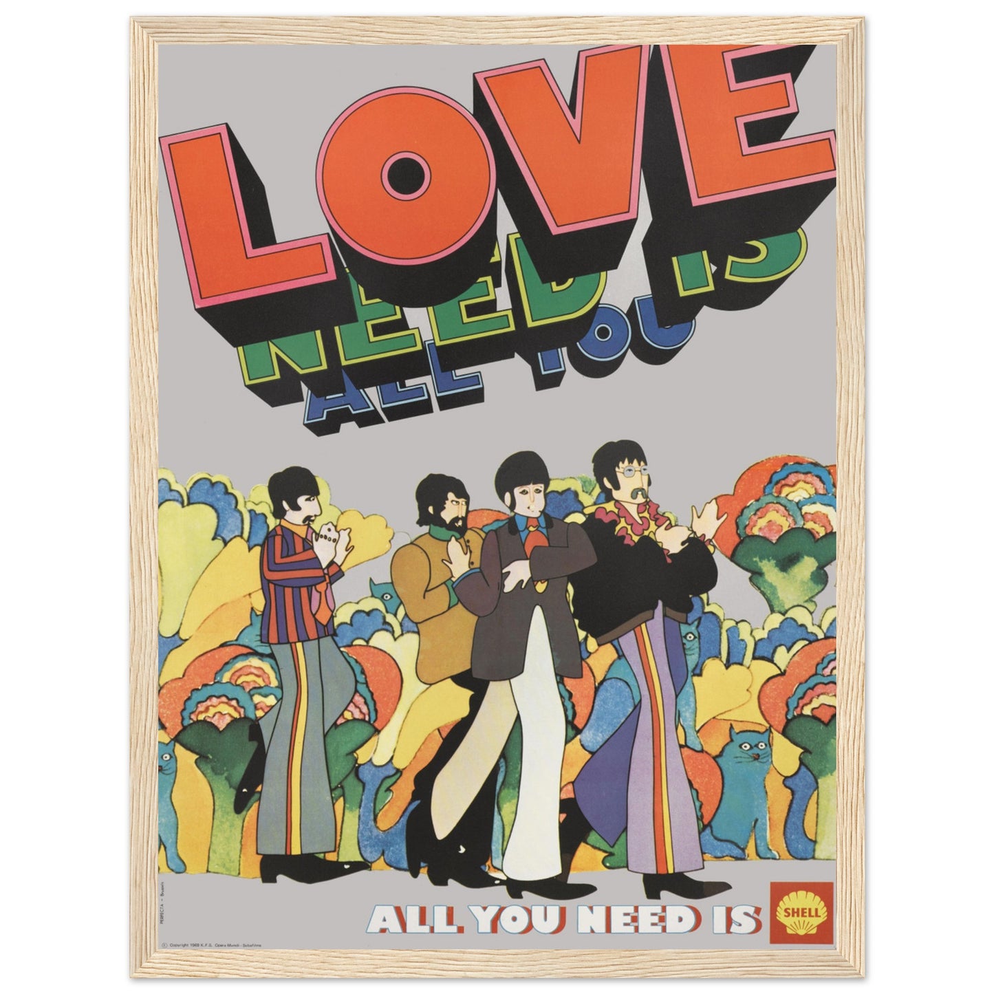 The Beatles retro wall art with “LOVE” graphic and colorful animated band illustration — perfect for vintage music decor.