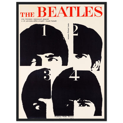 Vintage Polish movie poster for The Beatles’ film A Hard Day’s Night, featuring numbered minimalist portraits. Rare collectible print perfect for Beatles fans and lovers of international cinema posters.