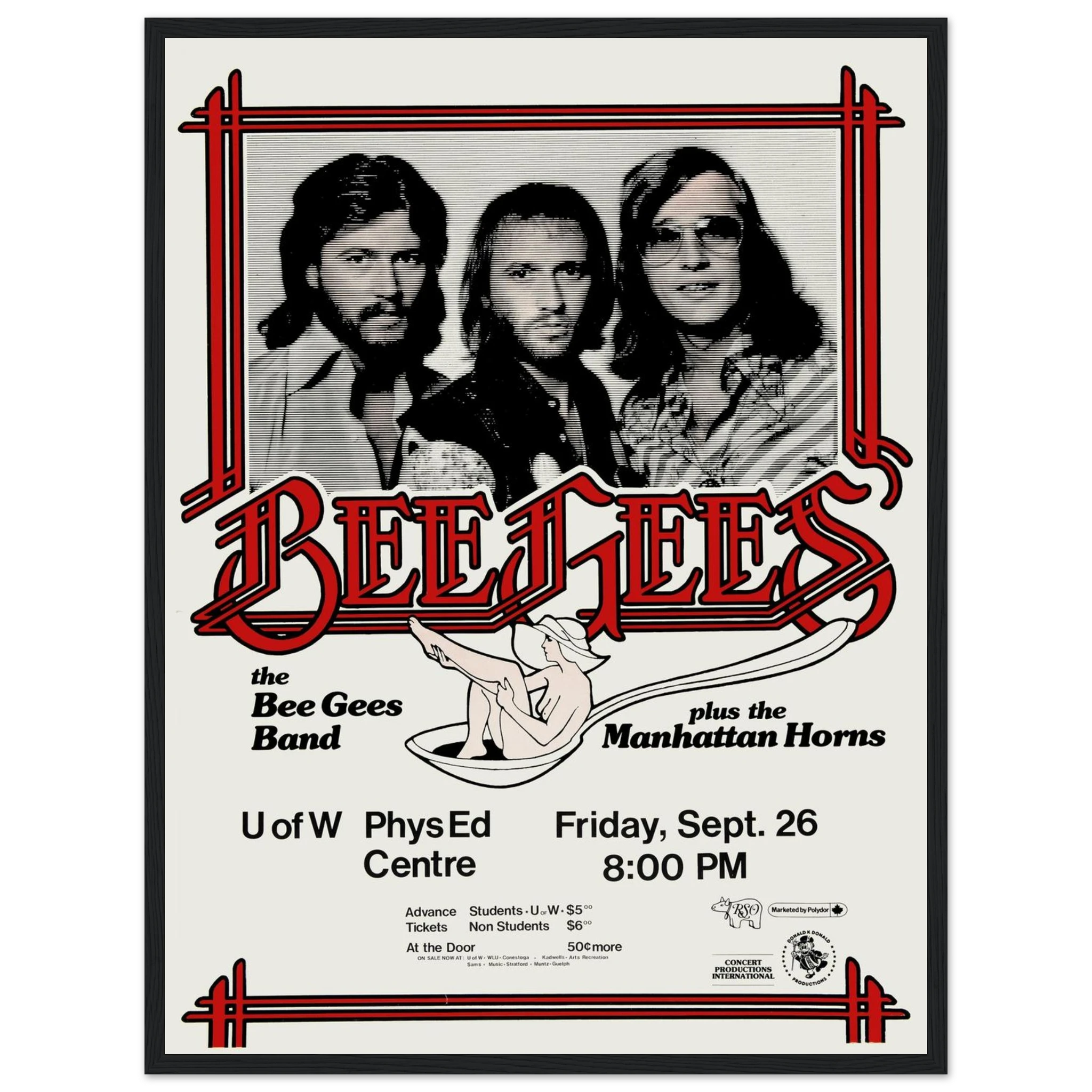 1970s music poster print of the Bee Gees, showcasing vibrant retro graphics and classic concert-style typography for fans of disco nostalgia