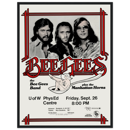 1970s music poster print of the Bee Gees, showcasing vibrant retro graphics and classic concert-style typography for fans of disco nostalgia