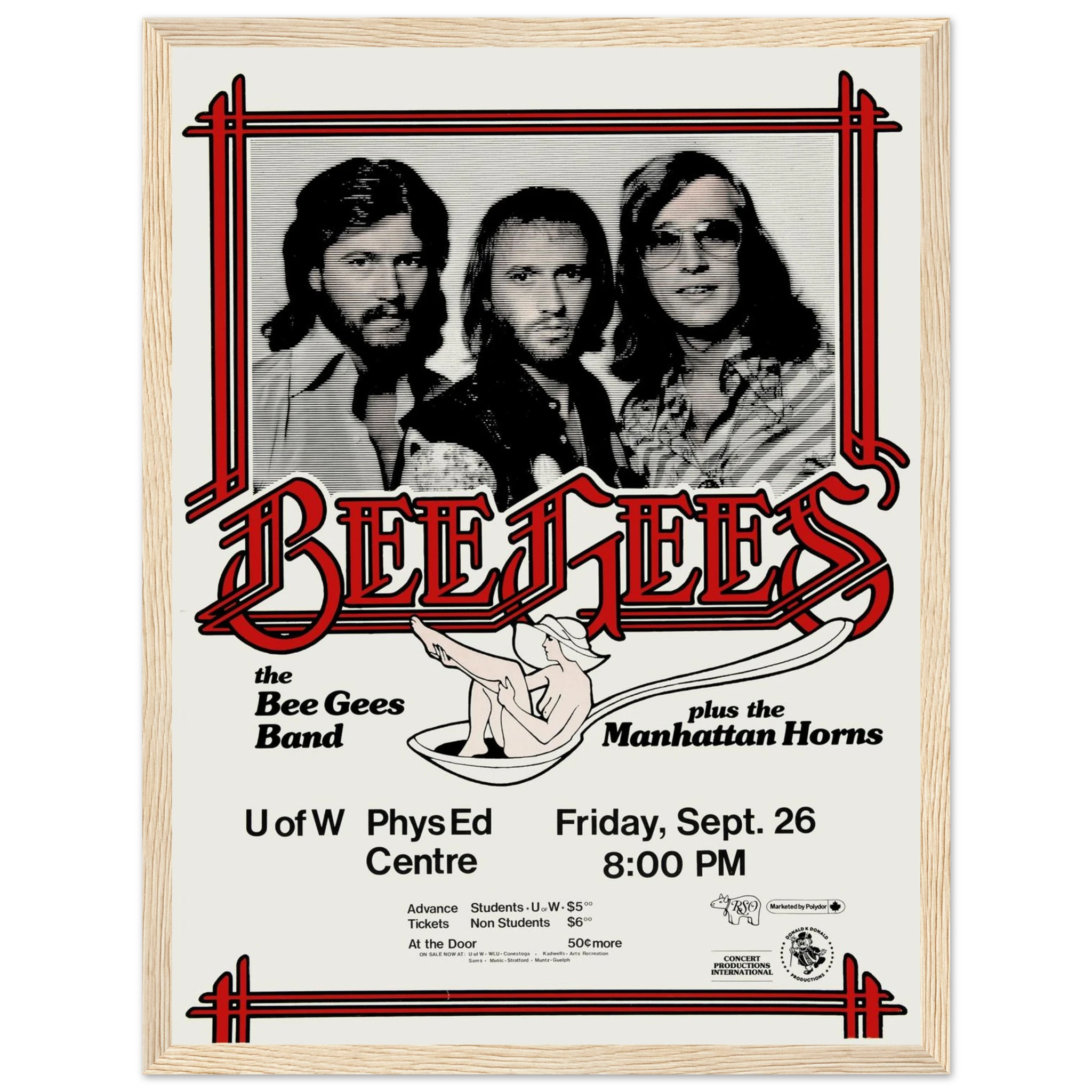 Classic rock and disco poster of the Bee Gees, a high-quality reproduction evoking the energy and glamour of vintage live performances.