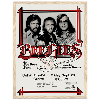 Classic rock and disco poster of the Bee Gees, a high-quality reproduction evoking the energy and glamour of vintage live performances.