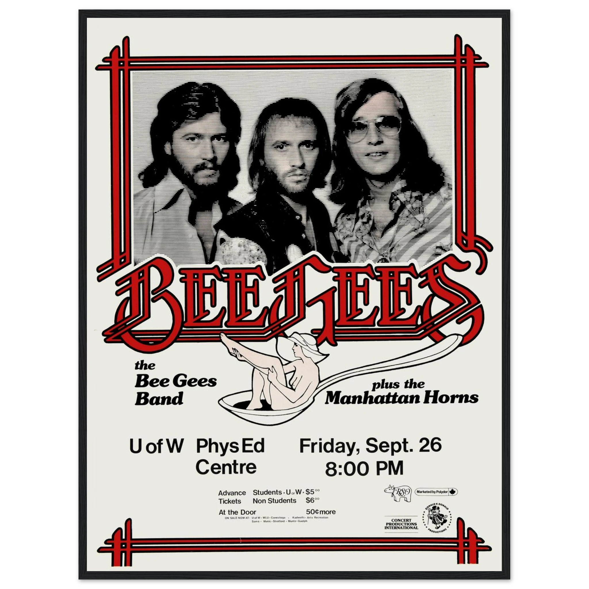 Disco-era art print of the Bee Gees, highlighting the iconic look and feel of 1970s pop culture in collectible poster form.