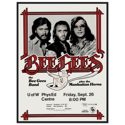 Disco-era art print of the Bee Gees, highlighting the iconic look and feel of 1970s pop culture in collectible poster form.