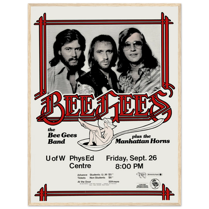 Pop culture wall decor inspired by the Bee Gees’ vintage concert posters, ideal for home bars, music rooms, or retro-inspired interiors.