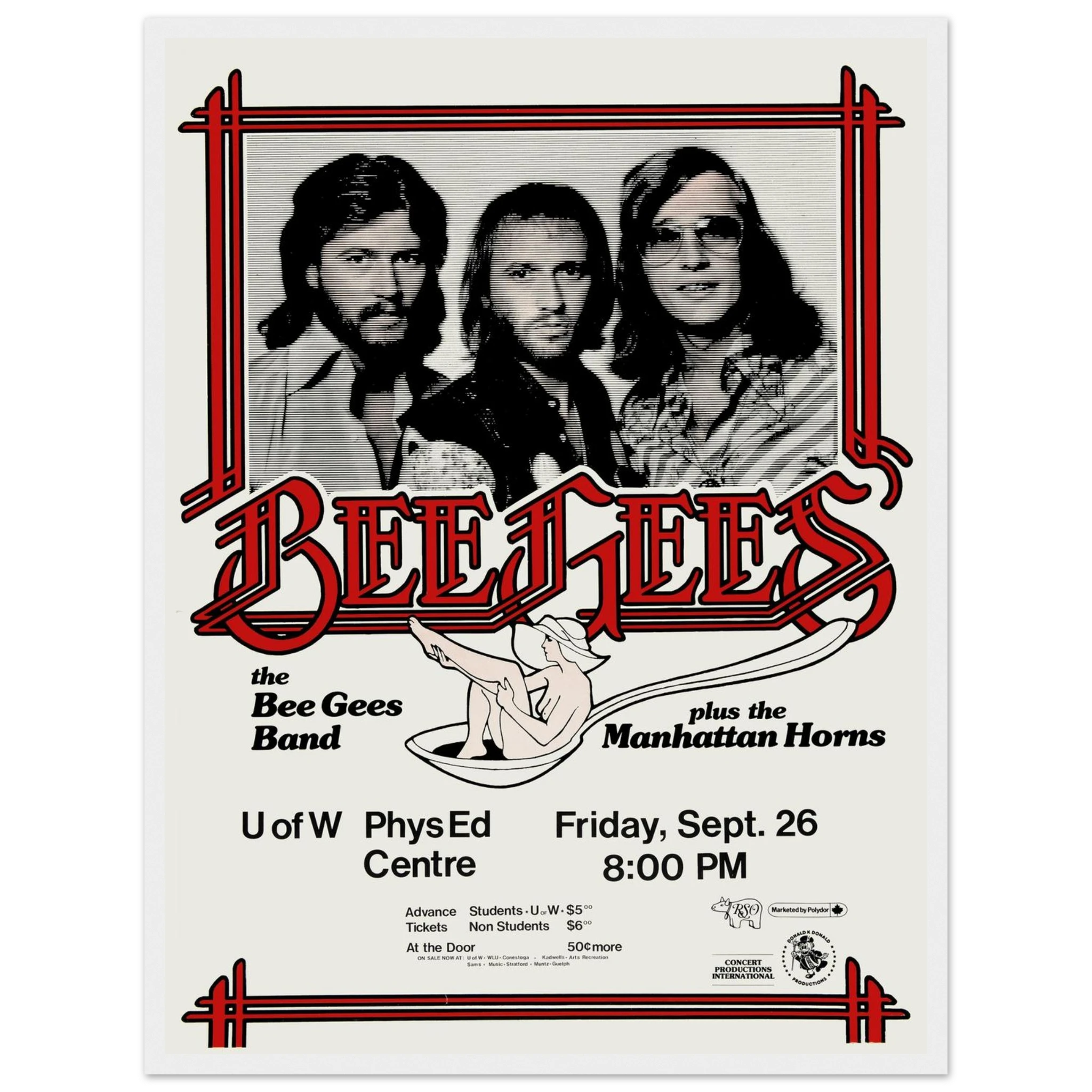 Retro wall art featuring the Bee Gees in vintage concert poster style, a perfect statement piece for music lovers and 70s decor enthusiasts