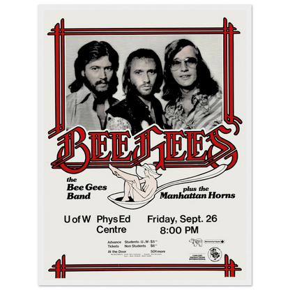 Retro wall art featuring the Bee Gees in vintage concert poster style, a perfect statement piece for music lovers and 70s decor enthusiasts