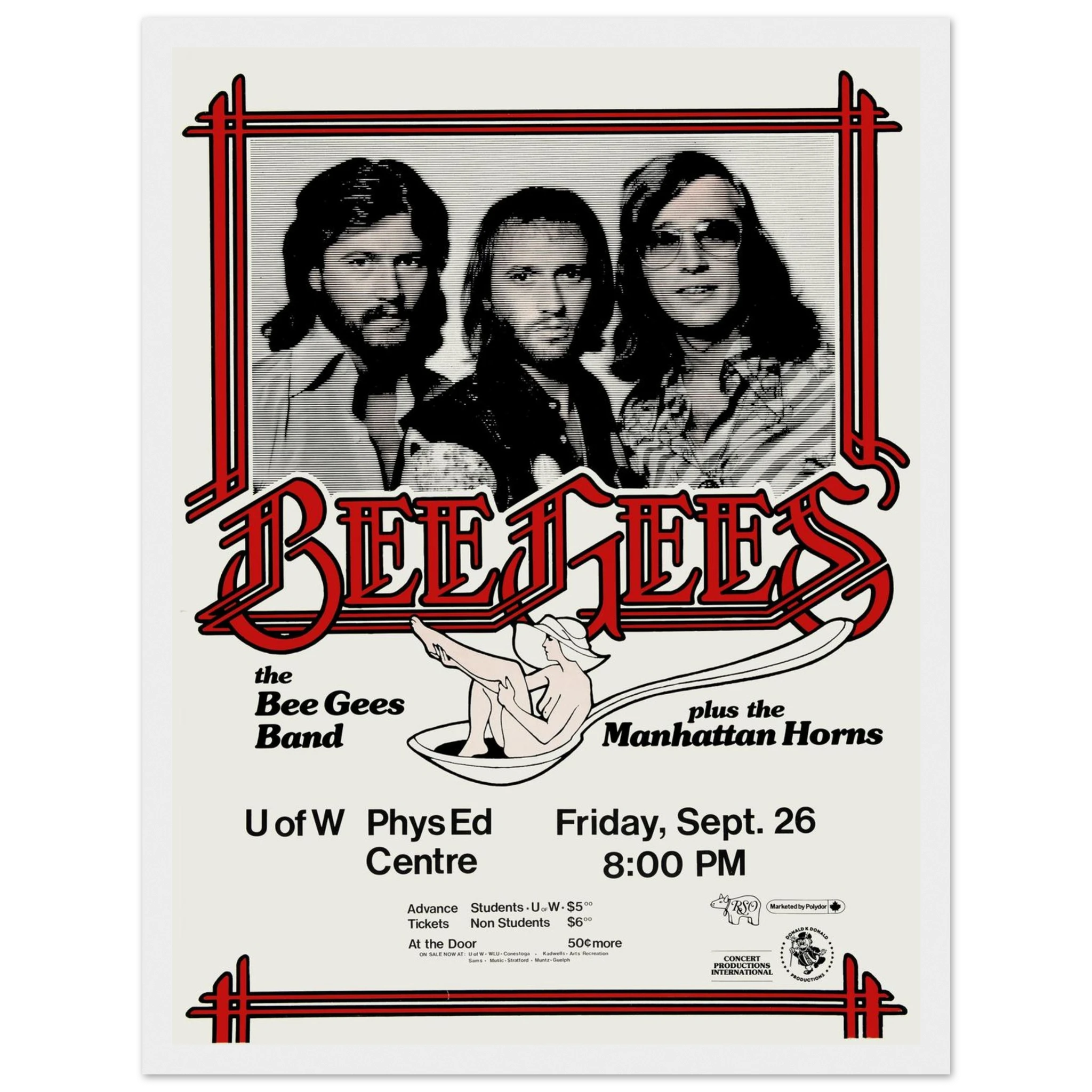 Vintage Bee Gees concert poster featuring bold 1970s design and disco-era energy, celebrating the legendary pop trio’s golden years.