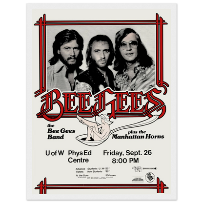 Vintage Bee Gees concert poster featuring bold 1970s design and disco-era energy, celebrating the legendary pop trio’s golden years.