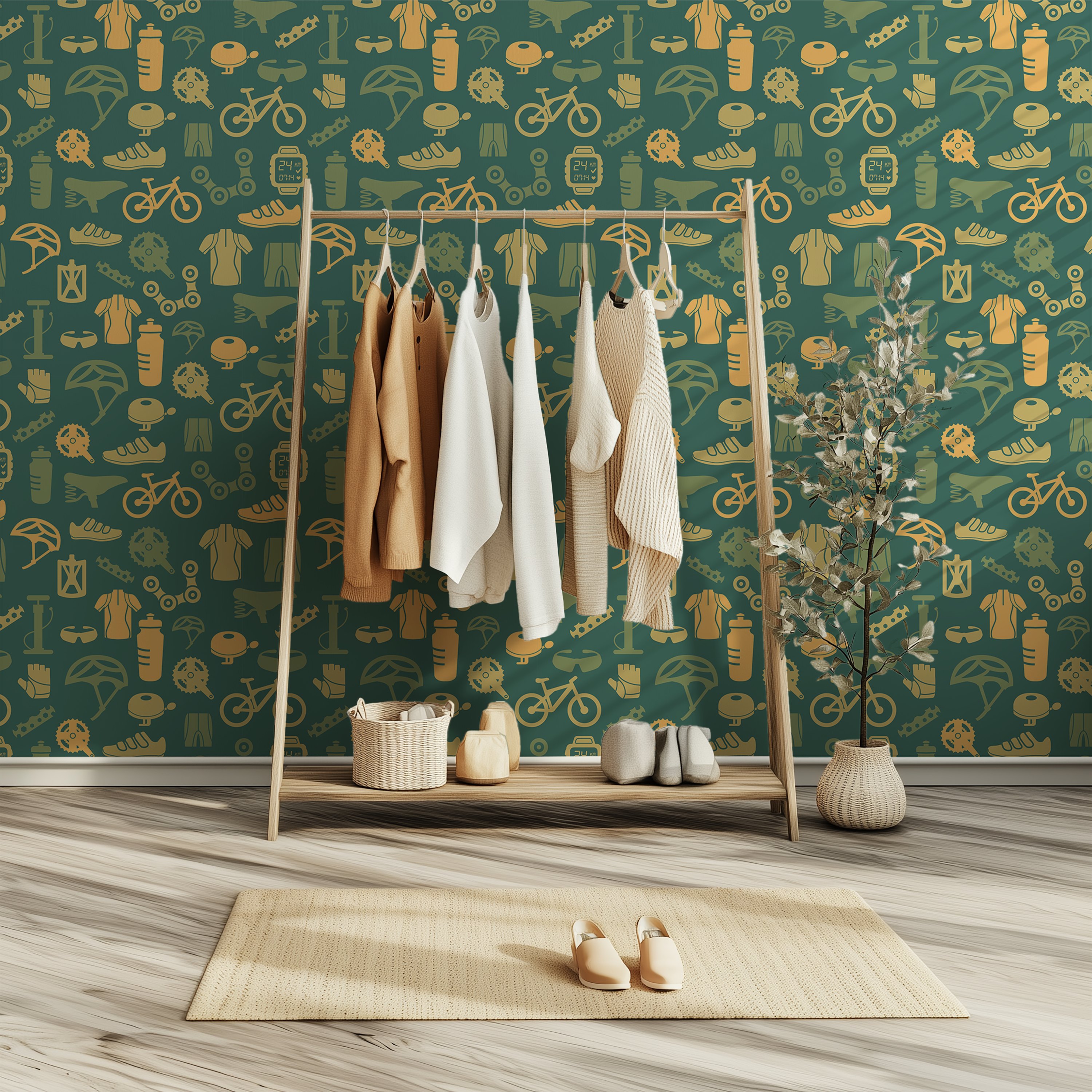 Bicycle wallpaper featuring bikes jerseys helmets and water bottles