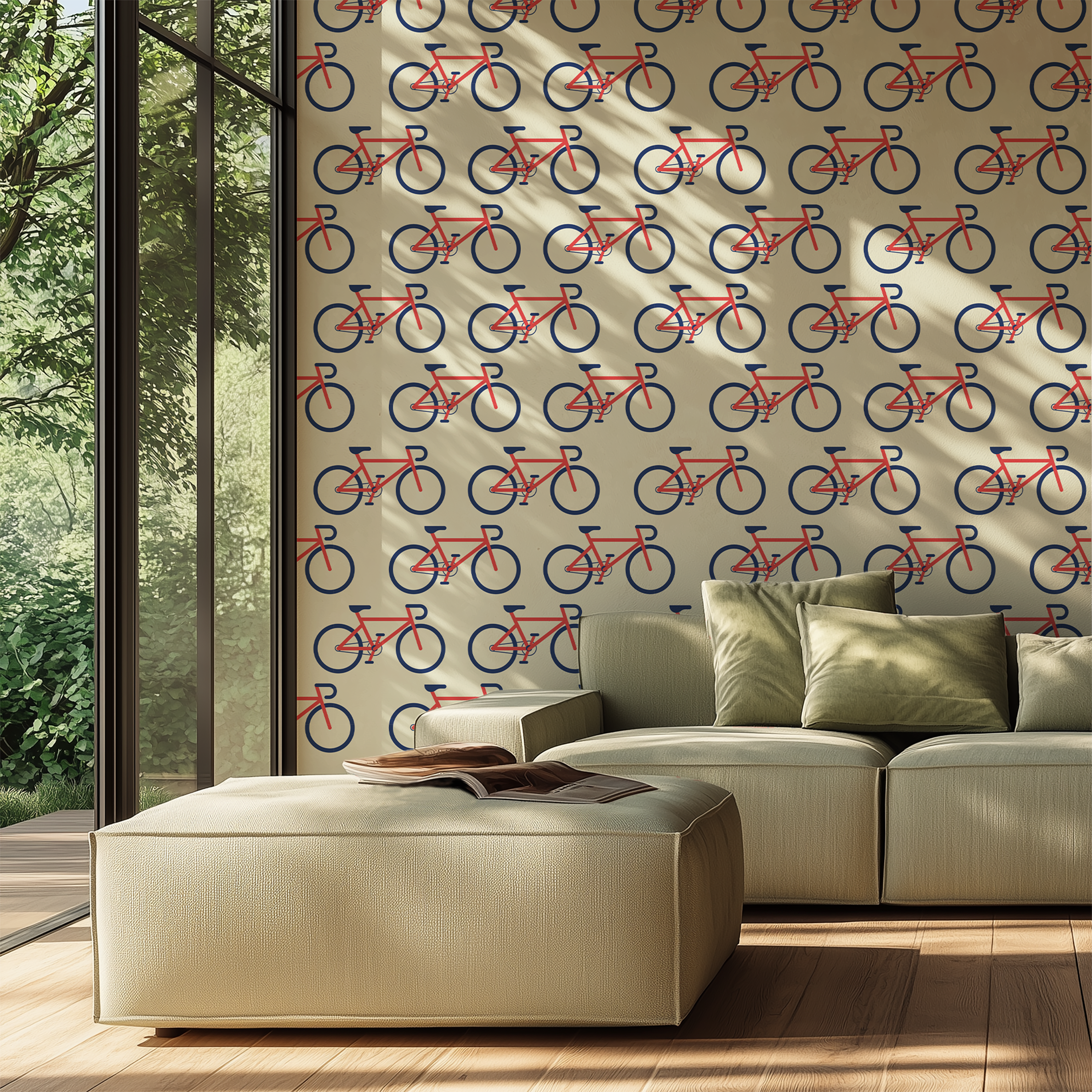 Bike lover wallpaper with repeating red and navy bicycles