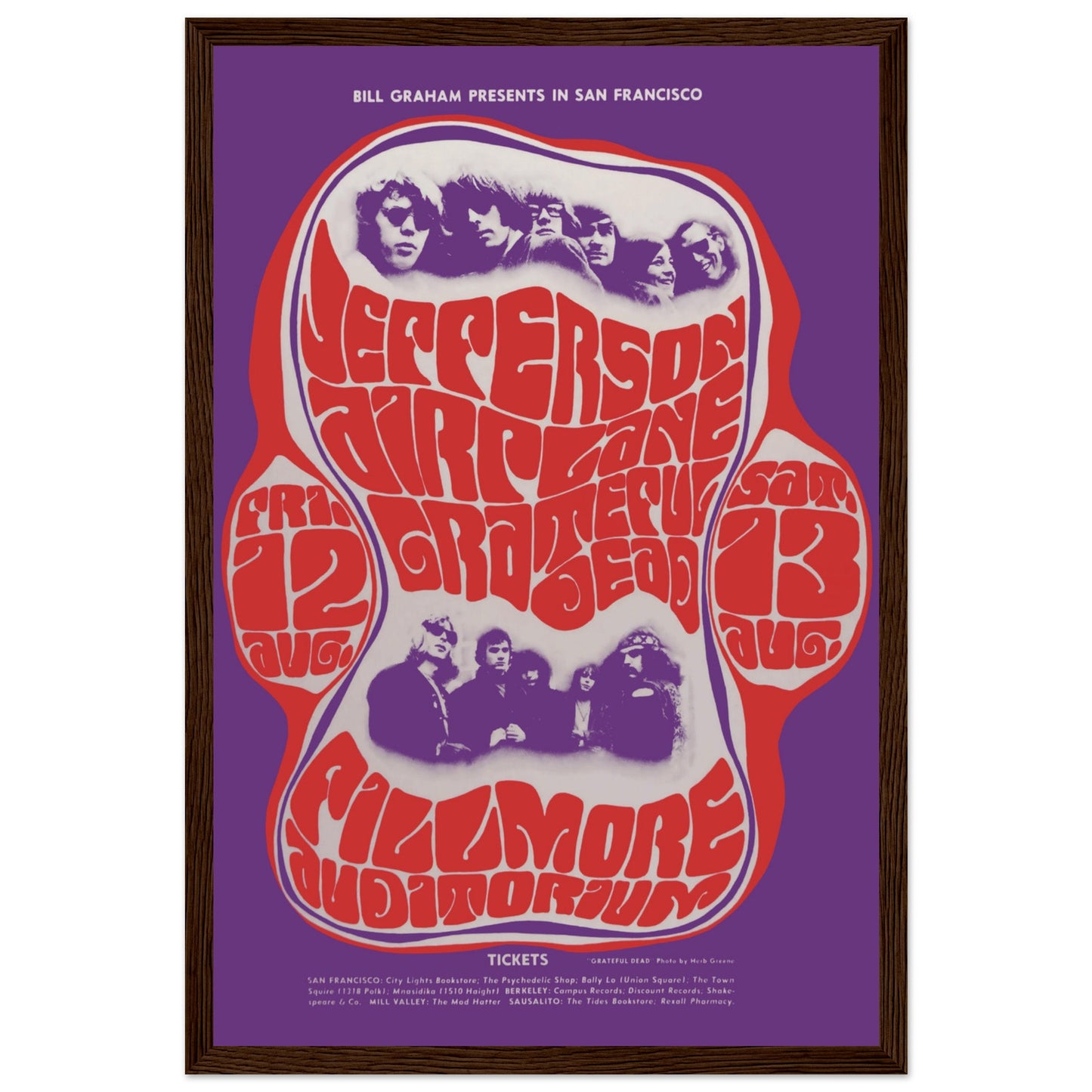 Bill Graham Presents Fillmore Auditorium poster with Jefferson Airplane and Grateful Dead — iconic psychedelic rock memorabilia.