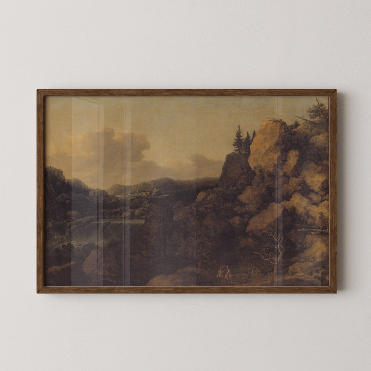 Van Everdingen's Mountain Landscape with Two Riders art reproduction displayed in a dark wood frame