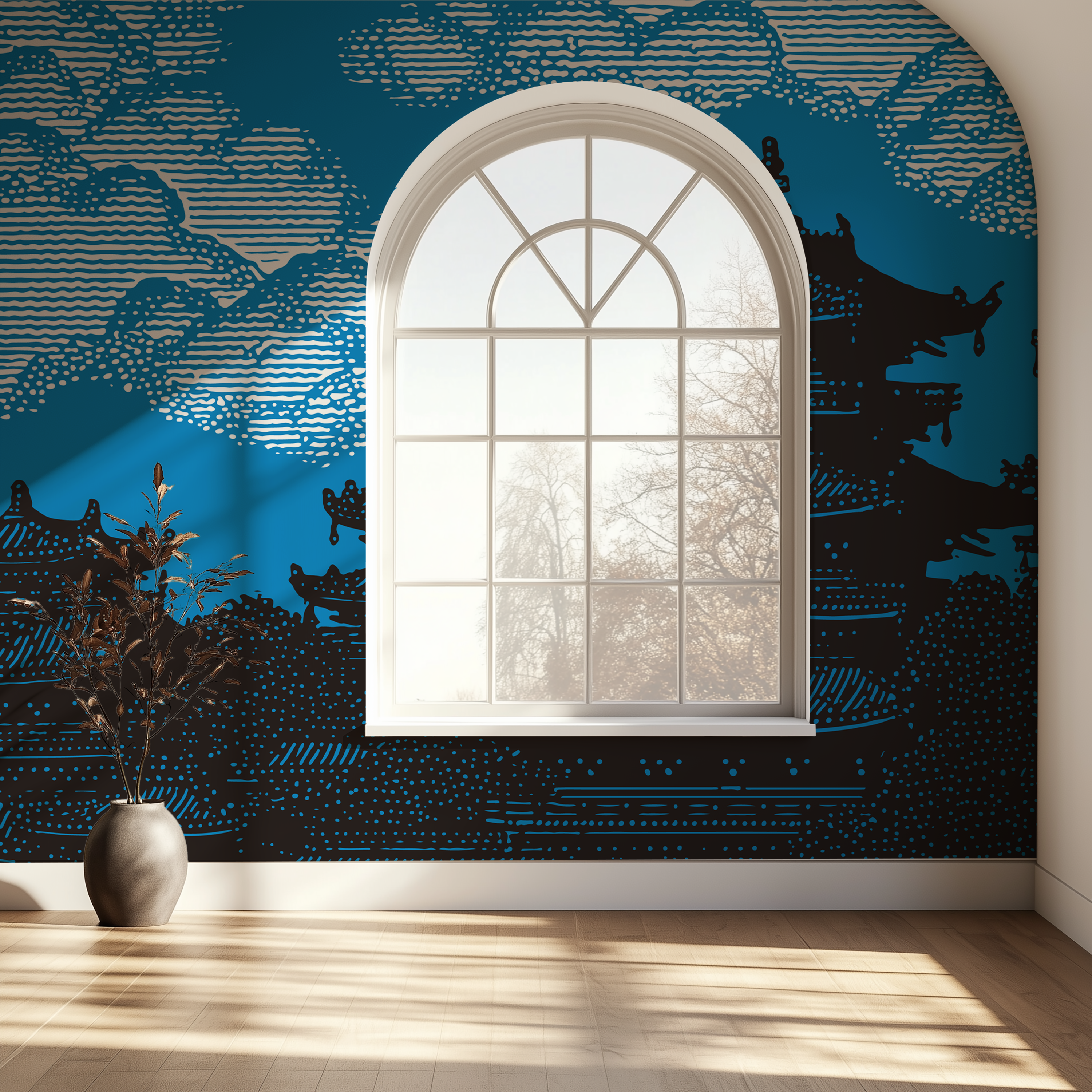 Blue Asian-inspired wallpaper with traditional architectural silhouettes