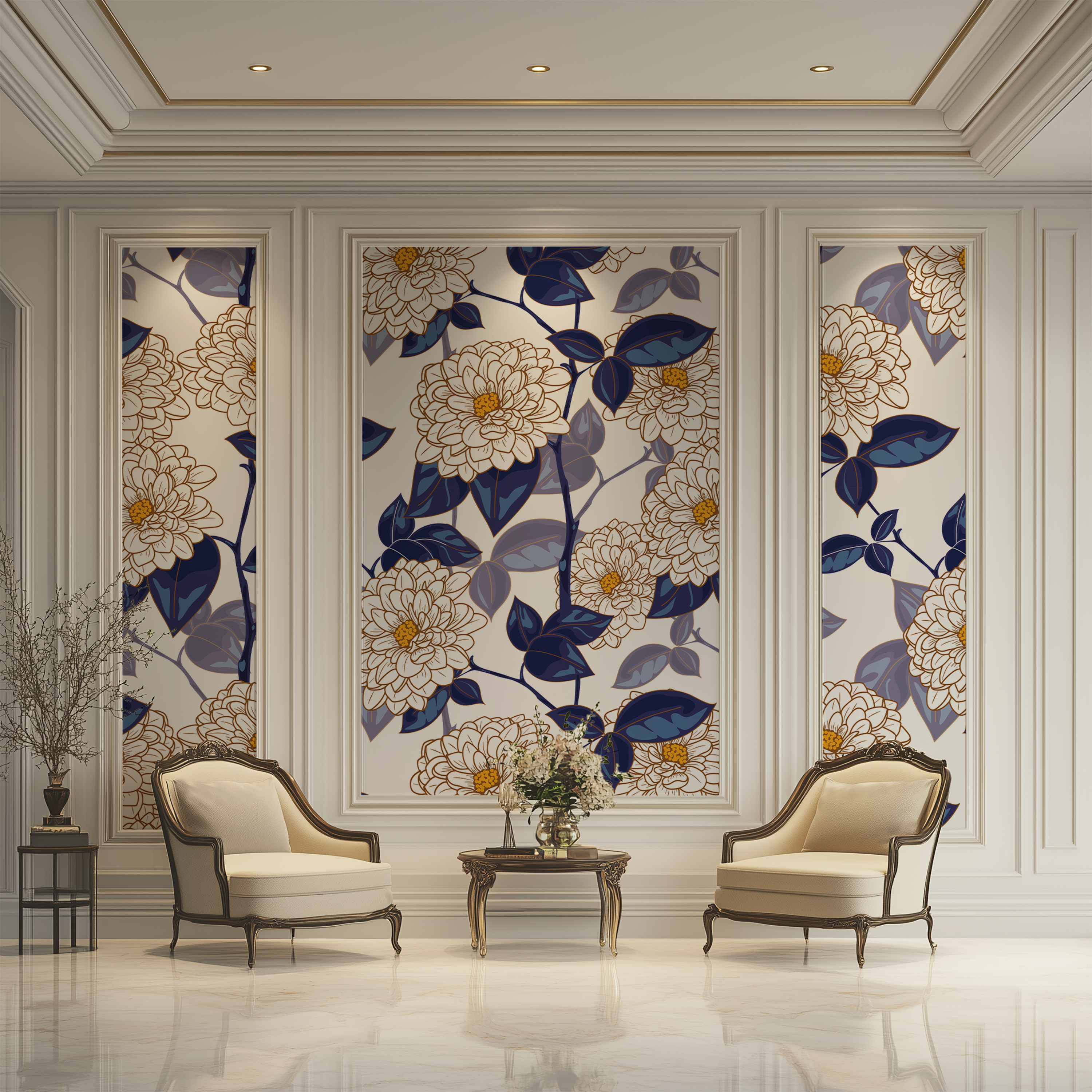 Blue dahlia floral wallpaper with oversized ivory blooms