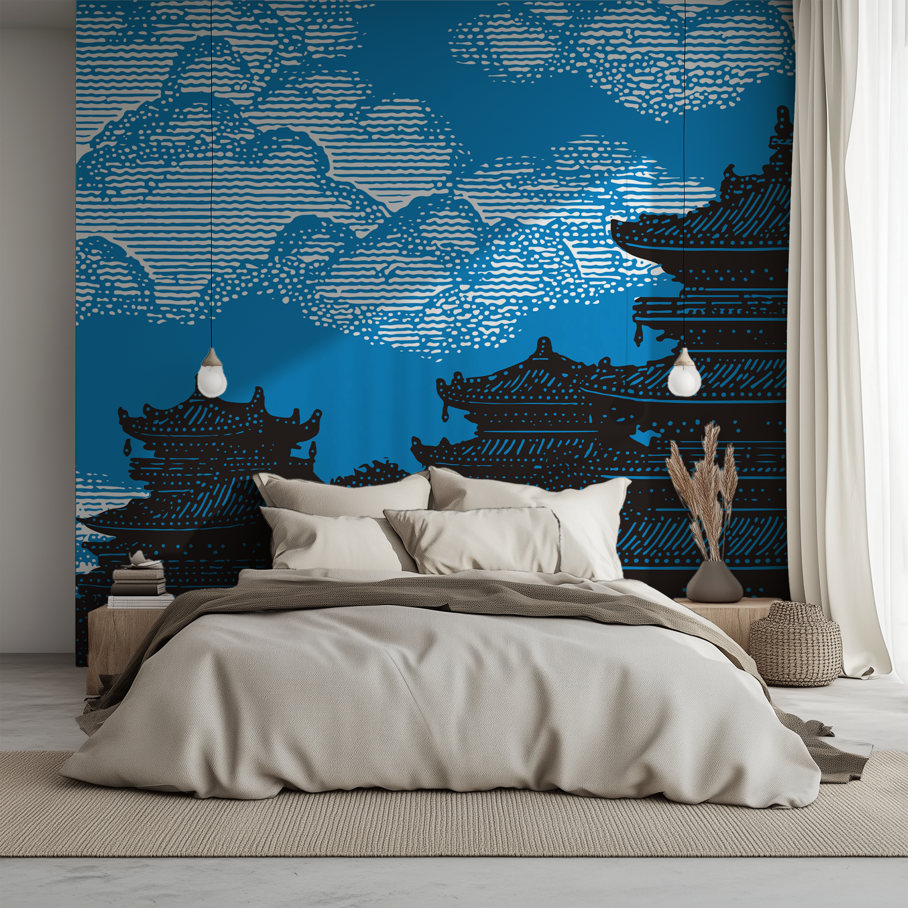 Blue Japanese pagoda wallpaper with traditional architecture and stylized clouds