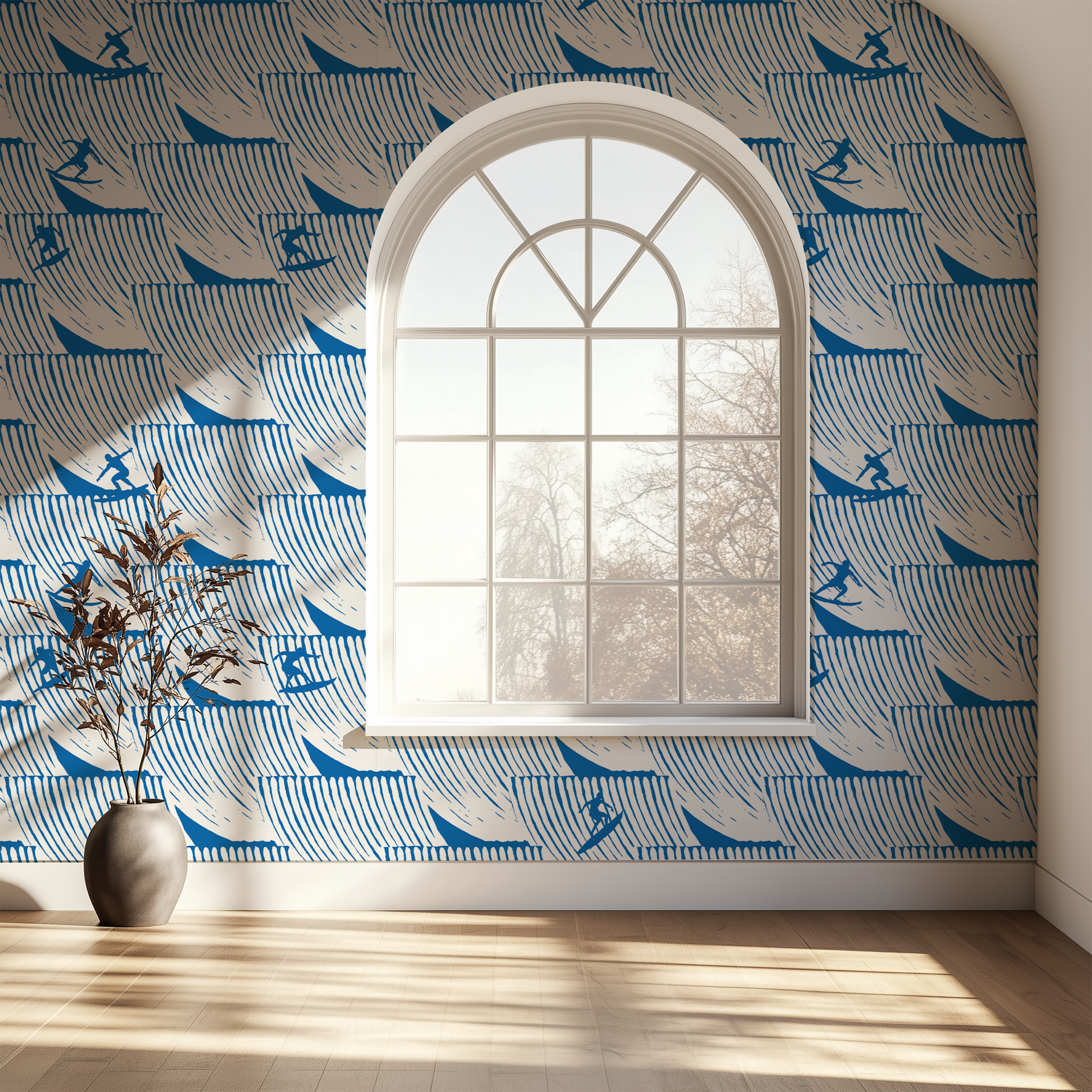 Blue ocean wave wallpaper with graphic hand-drawn coastal pattern