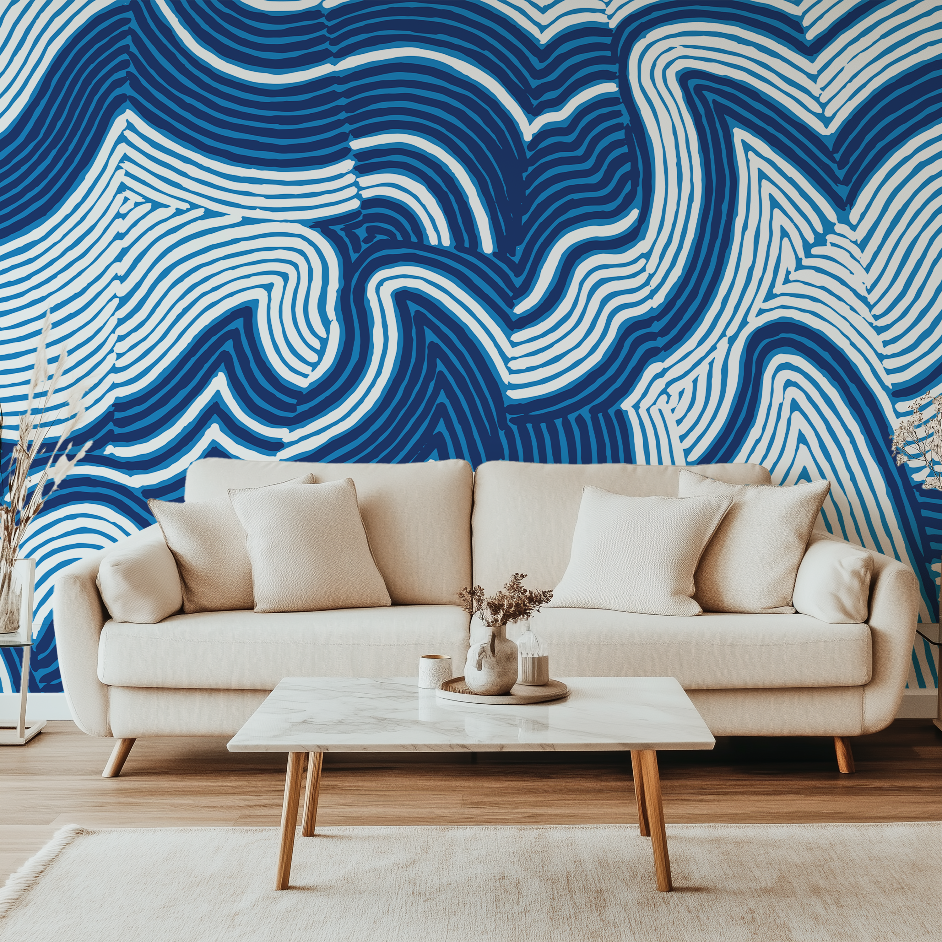 Blue organic wave wallpaper with bold flowing line pattern