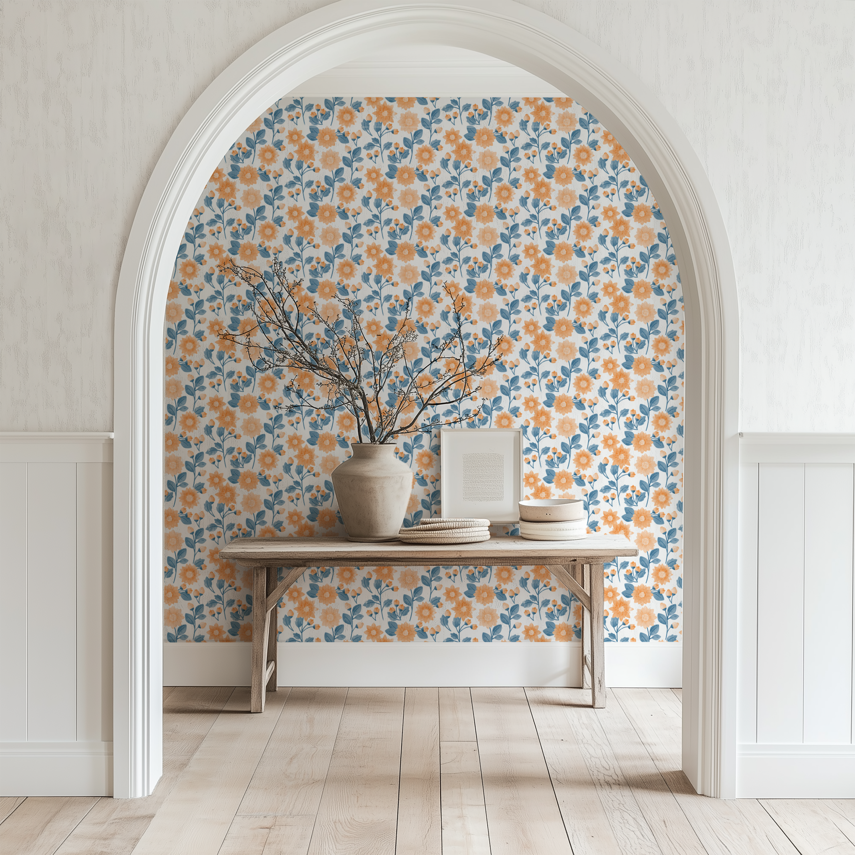 Blue & Peach Daisy Wallpaper with delicate floral vines and vintage botanical pattern.