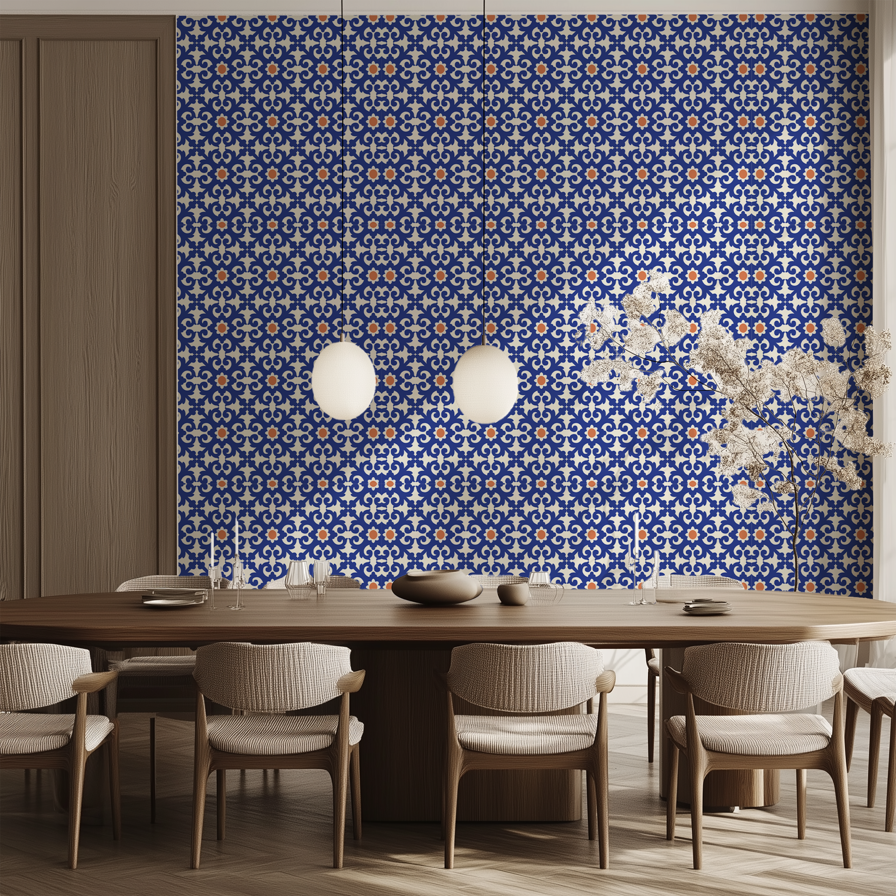 Blue Portuguese tile wallpaper, azulejo wallpaper, ceramic tile pattern wallpaper, Mediterranean wall decor, premium wallpaper