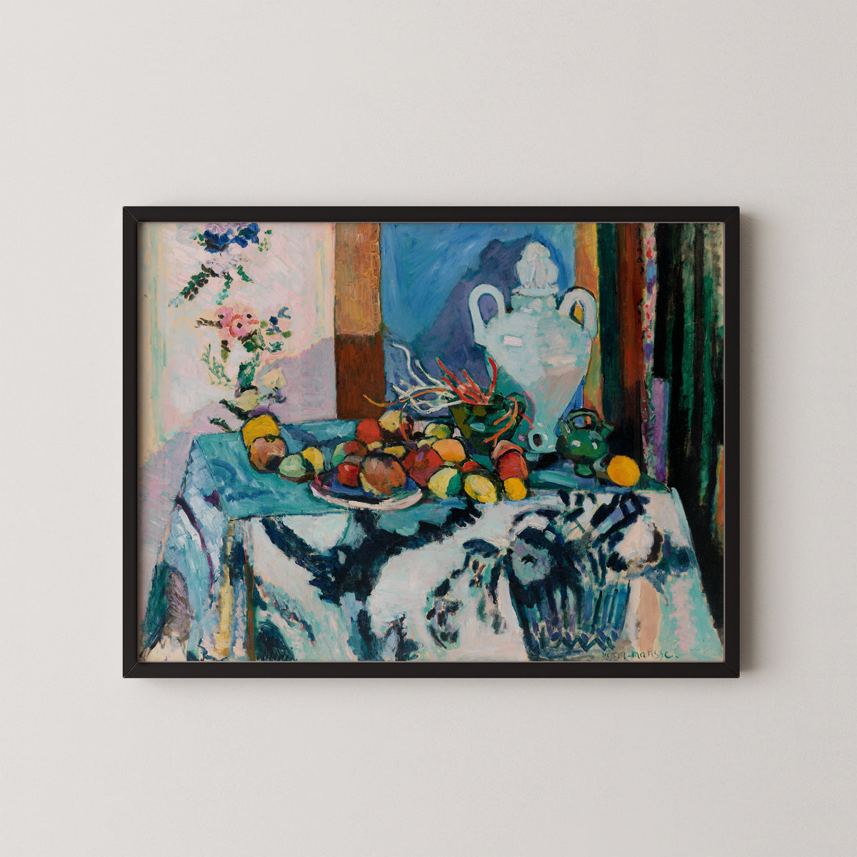 Blue Still Life (Nature morte bleue) by Henri Matisse, art print in a black frame