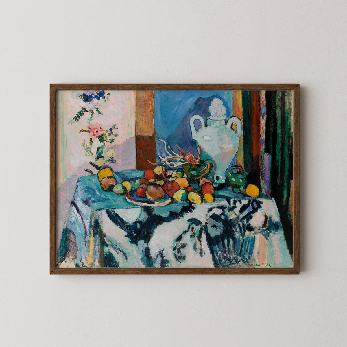 Blue Still Life (Nature morte bleue) by Henri Matisse, art print in a dark wood frame
