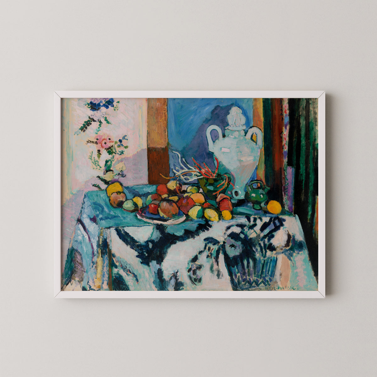 Blue Still Life (Nature morte bleue) by Henri Matisse, art print in a white frame
