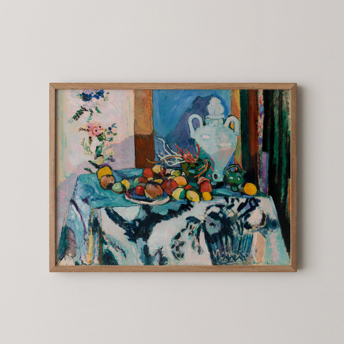 Blue Still Life (Nature morte bleue) by Henri Matisse, art print in a natural wood frame