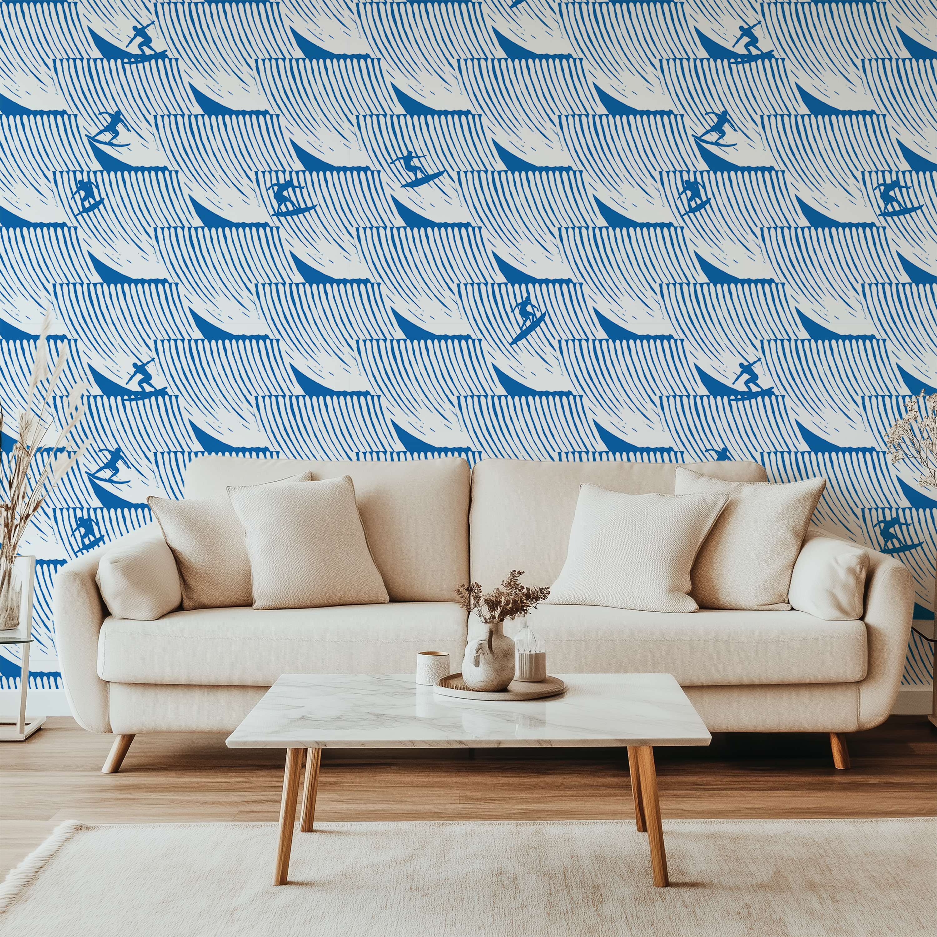 Blue surfer waves wallpaper with hand-drawn ocean waves and surfing silhouettes