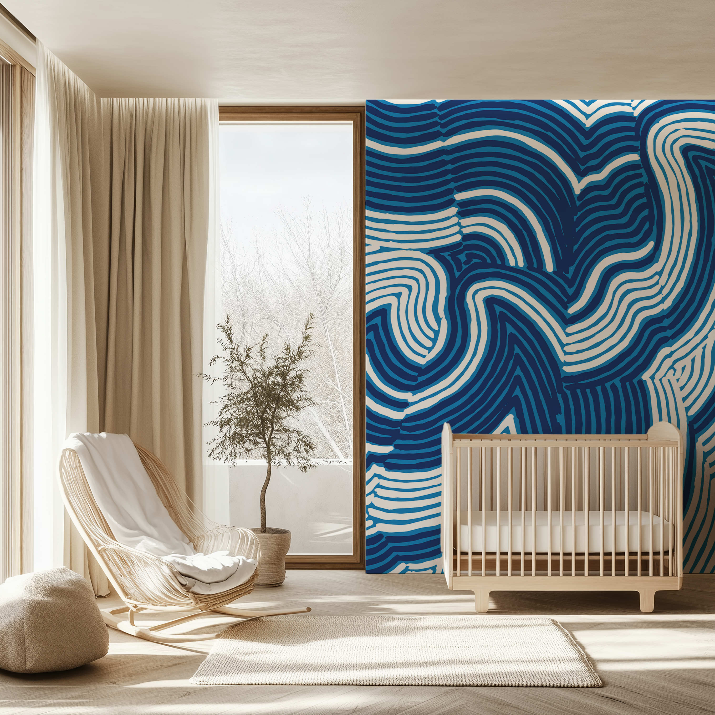 Blue topographic waves wallpaper with flowing abstract contour lines