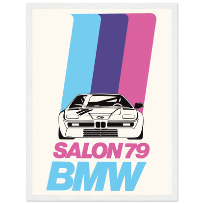 1979 BMW Salon car show poster with illustrated M1 sports car and colorful graphics